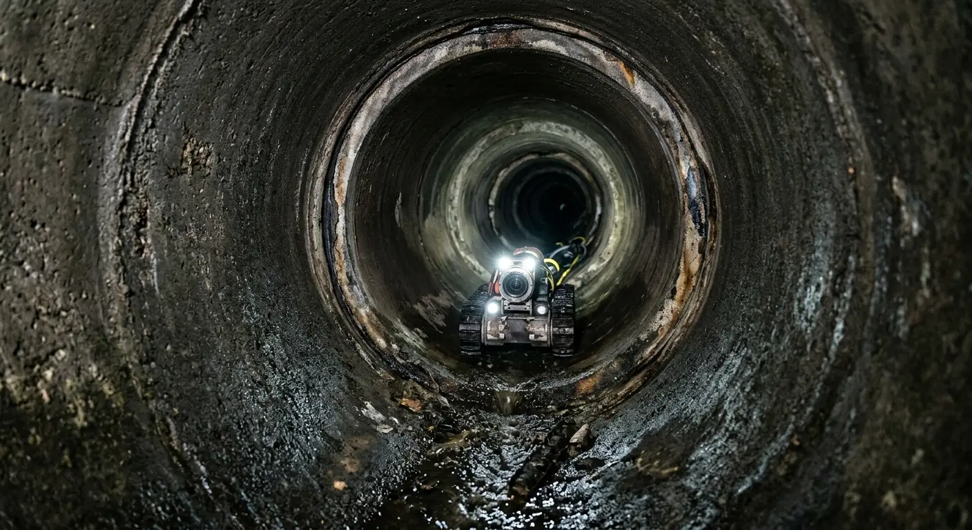 Robotic sewer camera inspecting pipe interior for Sewer Line Cleaning in New Castle