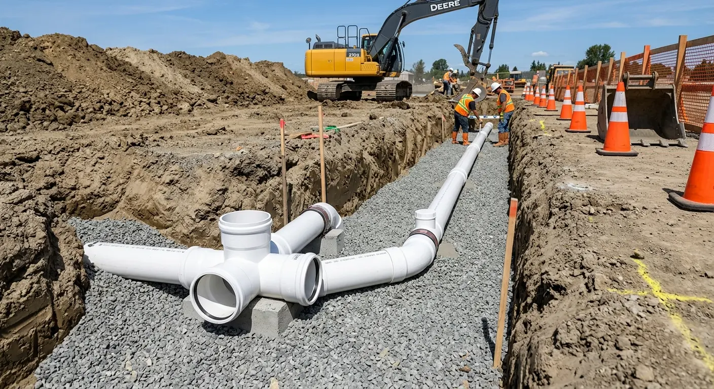 New PVC sewer pipe installation in open trench for Sewer Backup in New Castle