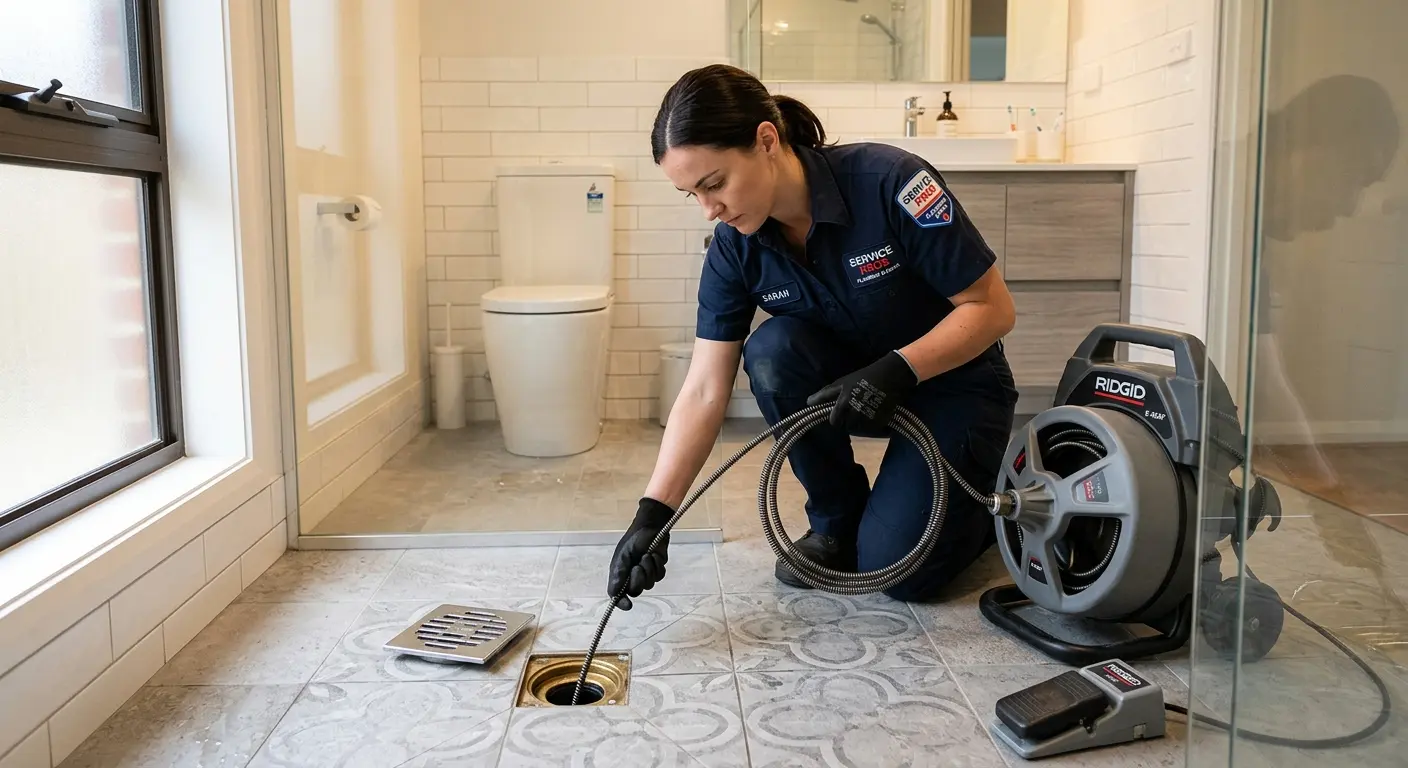 Technician clearing a bathroom floor drain for Sewer Line Replacement in New Castle